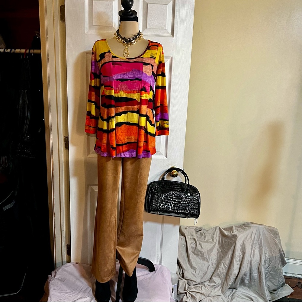 New Attitudes By Renee Abstract Multi Striped Jersey Boho Babydoll Tunic Top XS